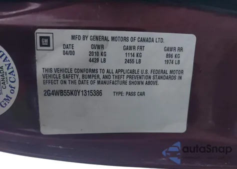 2000 Buick Regal Ls from USA, damaged, VIN 2G4WB55K0Y1315386